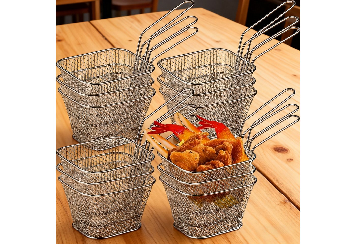 REDOM Frittiereinsatz Frittierkorb 12er Set Mini Servierkörbe Pommeskorb Frittiernetz, (Küchenzubehör Edelstahl für Pommes Snacks Beilagen hitzebeständig, 12-tlg), Frittierkorb eckig mit Henkel ideal für Küche Restaurant Party von REDOM