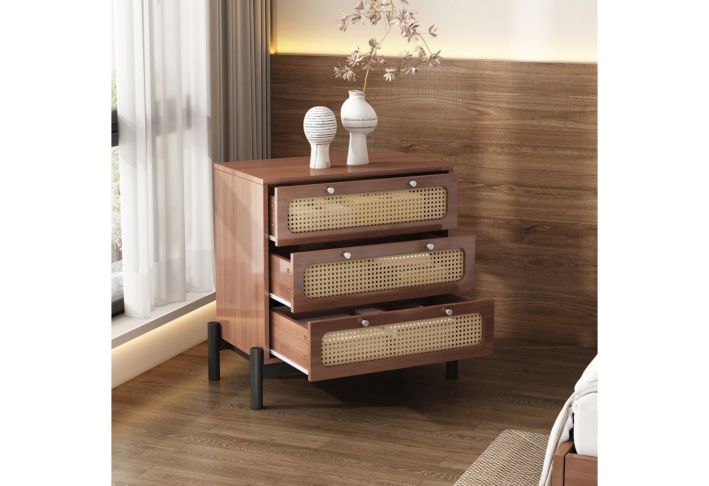 REDOM Funktionsbett Doppelbett (Klassische Kommode, Schrank mit 3 Schubladen, mit Rattan-Schubladenplatte) von REDOM