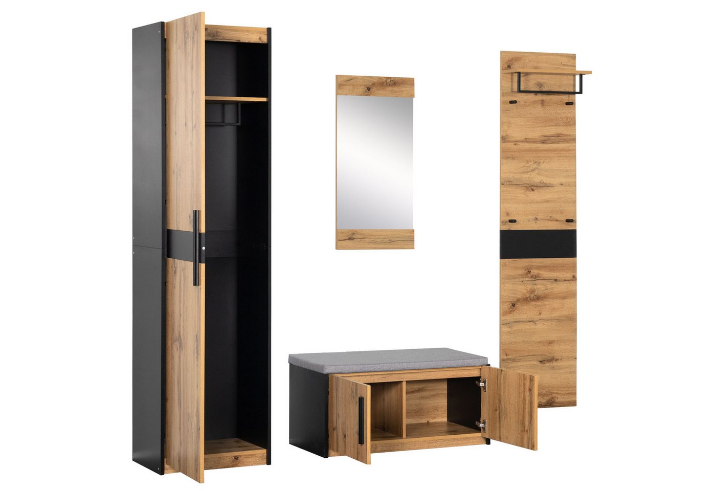 REDOM Garderoben-Set 4-teiliges Kleiderschrank Set Flurmöbel, (Flurgarderoben Set, Stylishe Kompaktgarderobe mit 4 Kleiderhaken), mit Spiegel und Sitzbank von REDOM