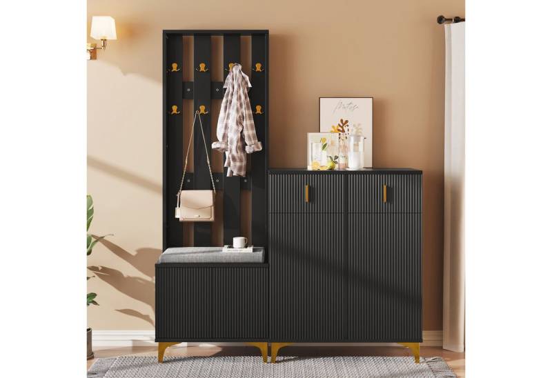 REDOM Garderoben-Set Elegante Garderobenkombination in Schwarz mit goldenen Haken, (Garderobenfront mit Haken, 2-St., Wellenstruktur), Schuhschrank & Wandpaneel von REDOM
