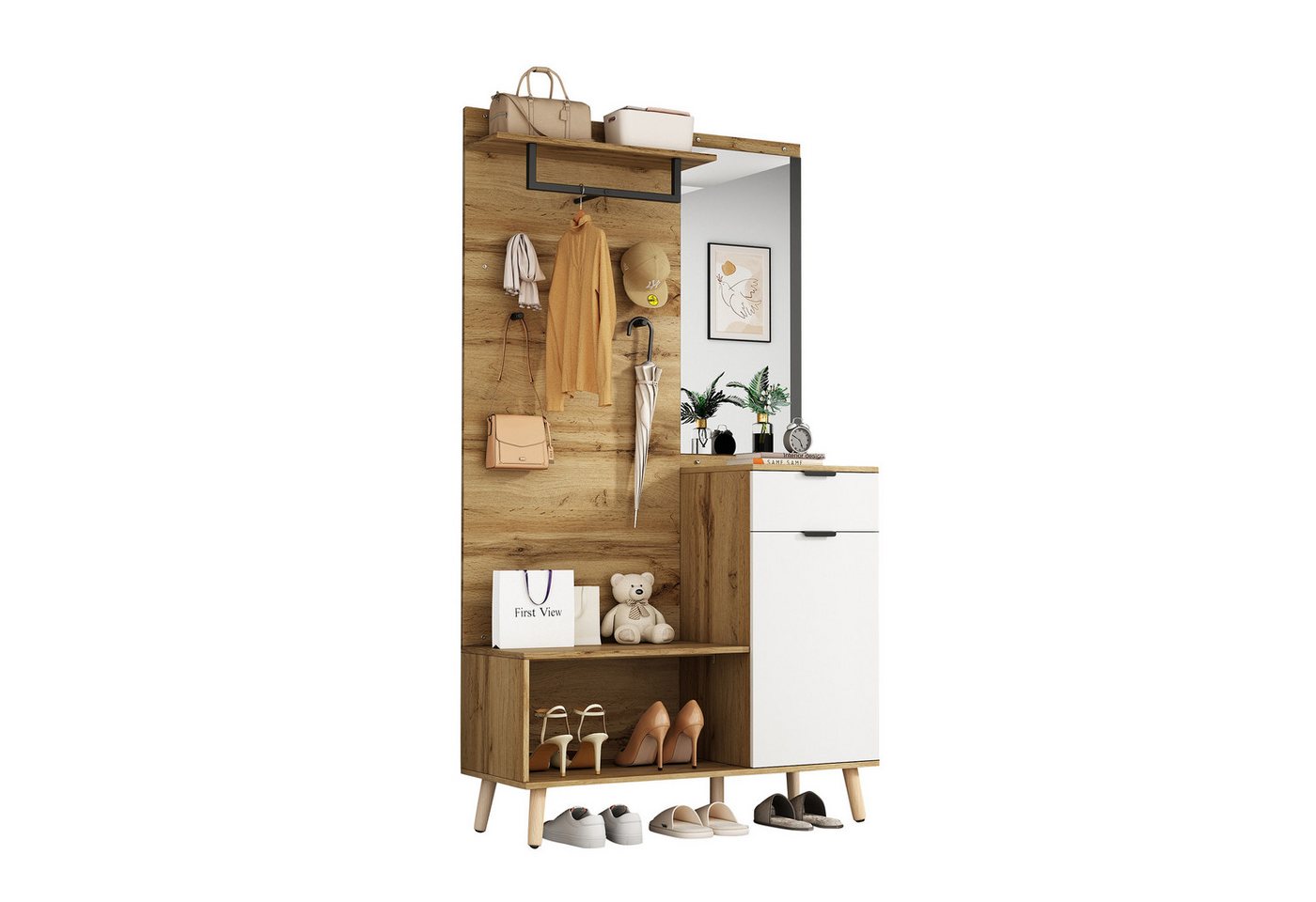 REDOM Garderoben-Set Flurgarderobe mit Spiegel Schuhbank, (Schuhbank, Schuhschrank, 1-St., mit Schublade, Regal, Kleiderhaken), Schuhbank mit Polster, mit Spiegel von REDOM