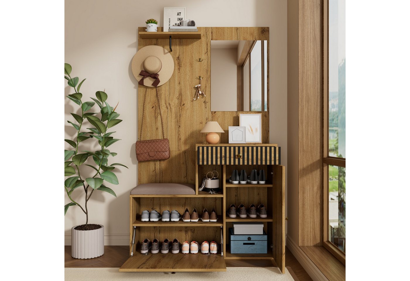 REDOM Garderoben-Set Flurgarderobe multifunktionaler Schuhschrank, (Garderobenständer mit Schuhwechselsitz,Kinderkleiderschrank, 1-St., 110 x 185,5 x 37 cm), mit Soft-Close-Scharniere, verstellbaren Regalen von REDOM