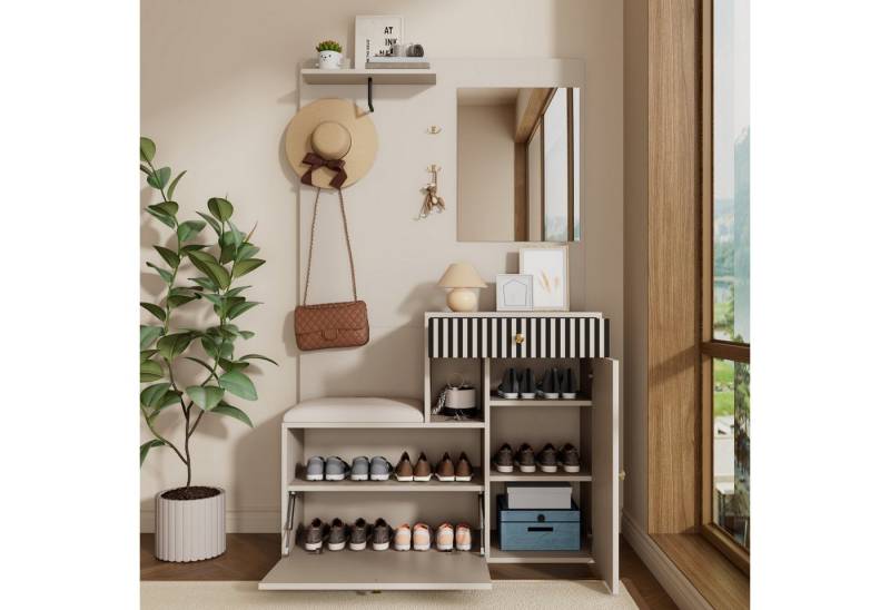 REDOM Garderoben-Set Flurgarderobe multifunktionaler Schuhschrank, (Garderobenständer mit Schuhwechselsitz,Kinderkleiderschrank, 1-St., 110 x 185,5 x 37 cm), mit Soft-Close-Scharniere, verstellbaren Regalen von REDOM