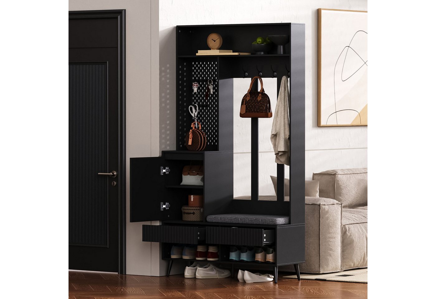 REDOM Garderoben-Set Für Eingangsbereich, Flur und Zuhause, (mit Sitzbank, 4 Haken, Schubladen & Tür, 100×35×180 cm – Multifunktionale Flurgarderobe mit Kippschutz, 1-St), mit 4 Kleiderhaken, zwei Schubladen und 1 Türen von REDOM