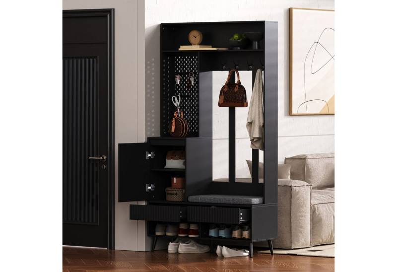 REDOM Garderoben-Set Für Eingangsbereich, Flur und Zuhause, (mit Sitzbank, 4 Haken, Schubladen & Tür, 100×35×180 cm – Multifunktionale Flurgarderobe mit Kippschutz, 1-St), mit 4 Kleiderhaken, zwei Schubladen und 1 Türen von REDOM