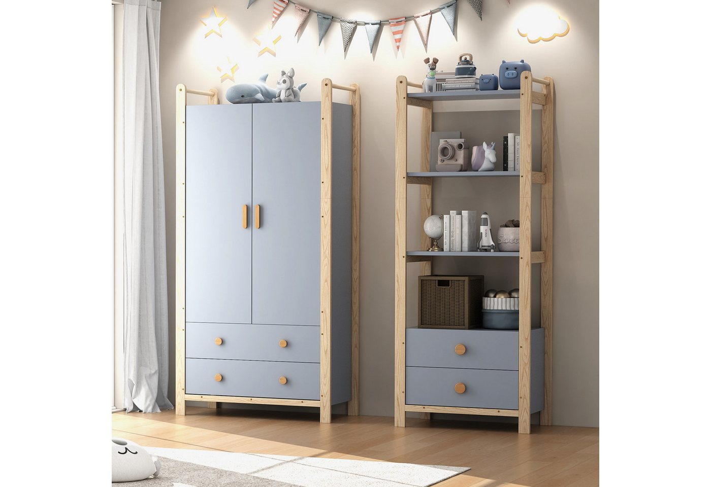 REDOM Garderoben-Set Garderobe mit 2 Schubladen und Kleiderstange, (Kinderzimmer-Set, 1-St., Doppelklappengarderobe, Fichtenrahmen, Höhe 180cm), mit Kleiderstange und Schubladen von REDOM