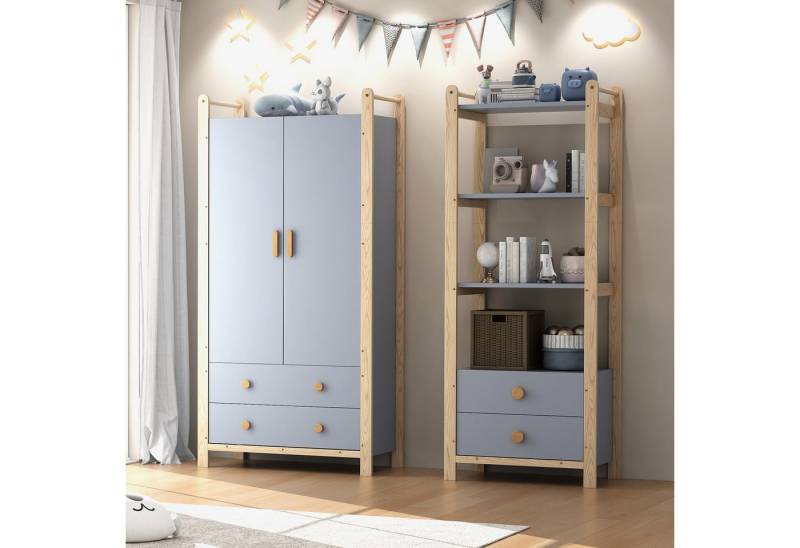 REDOM Garderoben-Set Garderobe mit 2 Schubladen und Kleiderstange, (Kinderzimmer-Set, 1-St., Doppelklappengarderobe, Fichtenrahmen, Höhe 180cm), mit Kleiderstange und Schubladen von REDOM