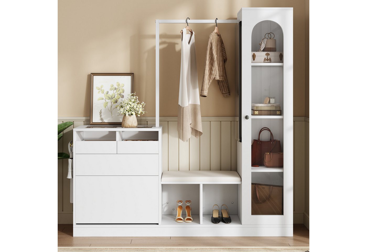 REDOM Garderoben-Set Garderoben-Set, (Frisiertisch, Flurschrank, 1-St., mit Kleiderstange, Schuhbank und Klappschuhschrank, Glasvitrine), farbwechselndem LED-Licht von REDOM