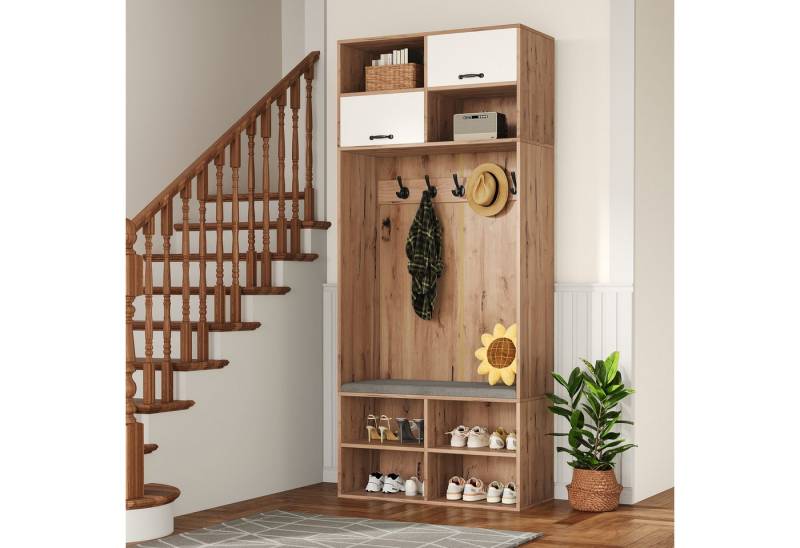 REDOM Garderoben-Set Komplettset mit viel Stauraum, (mit Sitzbank Naturholzfarbe und Weiß, 1-St., B80/D30/H185 cm) von REDOM