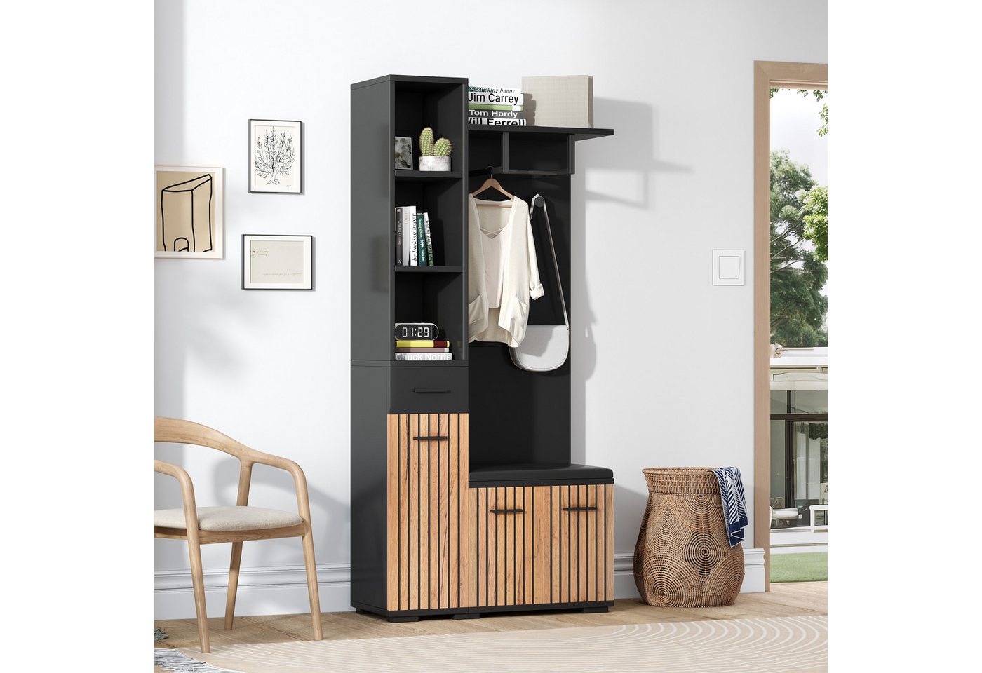 REDOM Garderoben-Set Schuhschrank mit Sitzpolster & verstellbaren Einlegeböden, (Polsterschrank, Eingangsschrank, 1-St., 7-in-1 Flur-Organizer), mit Schuhregal & Kleiderhaken – Platzsparendes Möbel von REDOM