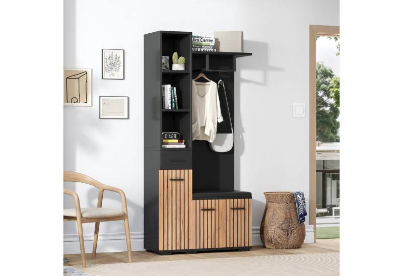 REDOM Garderoben-Set Schuhschrank mit Sitzpolster & verstellbaren Einlegeböden, (Polsterschrank, Eingangsschrank, 1-St., 7-in-1 Flur-Organizer), mit Schuhregal & Kleiderhaken – Platzsparendes Möbel von REDOM