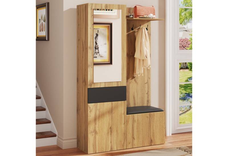 REDOM Garderoben-Set freistehend oder wandmontierbar, (Kleiderschrank-Set, 1-St., versteckter Stauraum), 5 Garderobenhaken, Spiegel, Schuhschrank von REDOM