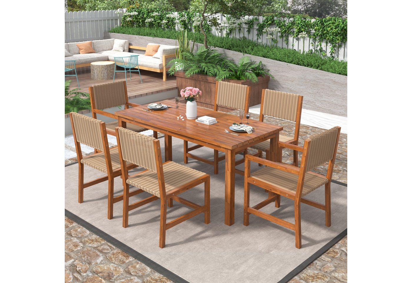 REDOM Garten-Essgruppe 6-Sitzer Esstisch-Set, (Gartenmöbel aus HDPE-Rattan und Akazienholz), für Outdoor von REDOM