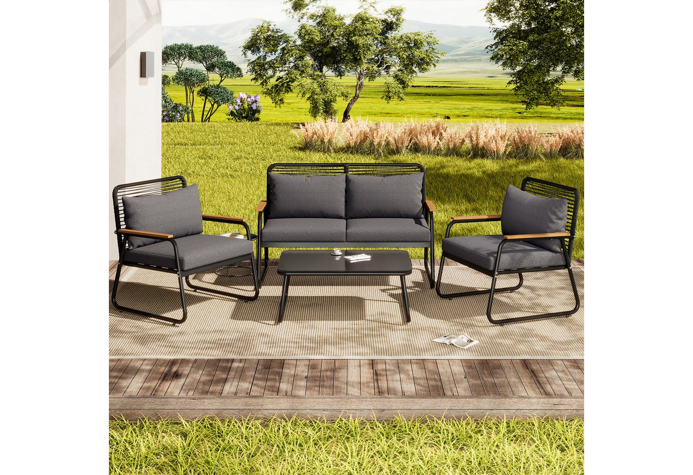 REDOM Gartenlounge-Set Modernes Gartenmöbelset,mit verzinktem Eisengestell, (für 4 Personen – Doppelsofa, Einzelsofas & Tisch, Verstellbare Beine, Korrosionsbeständiges Eisen, Gehärtete Glasplatte., Doppelsofa: 118*65*78cm Einzelsofa: 63*65*78cm Tisch: 80*50*39cm), mit Relaxfunktion von REDOM