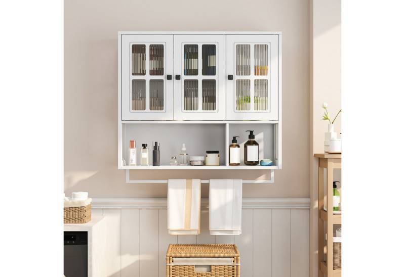 REDOM Hängeschrank 3-türiger Hängeschrank aus MDF mit Glastür & Handtuchhalter (Badschrank Wandschrank, modernes Hängevitrine-Design aus MDF) von REDOM