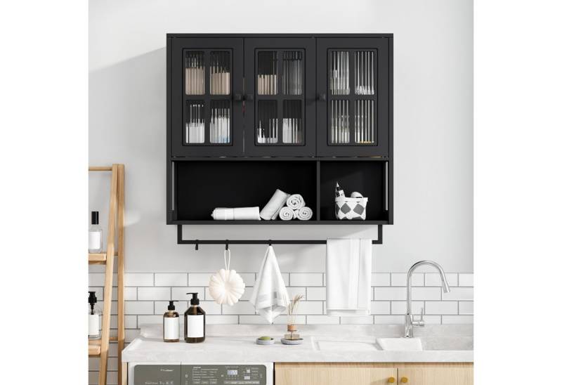 REDOM Hängeschrank 3-türiger Hängeschrank aus MDF mit Glastür & Handtuchhalter (Badschrank Wandschrank, modernes Hängevitrine-Design aus MDF) von REDOM
