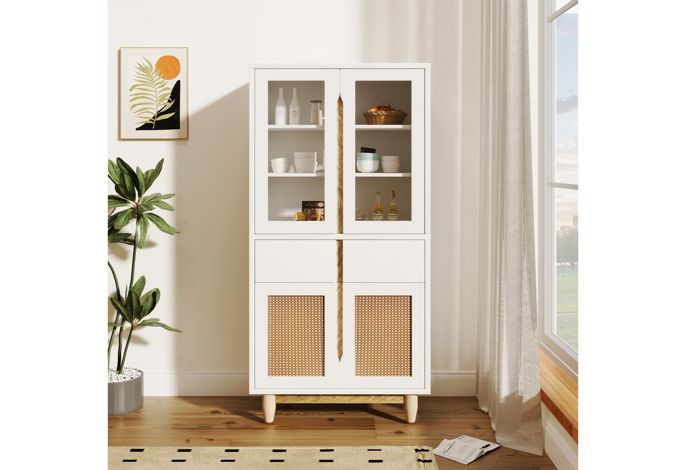 REDOM Highboard Schrank Vitrine (2 Türen aus Rattanimitat, 2 eingesetzten Türen aus Acryl), Aufbewahrungsmöbel für das Wohnzimmer, 128*35*70cm von REDOM