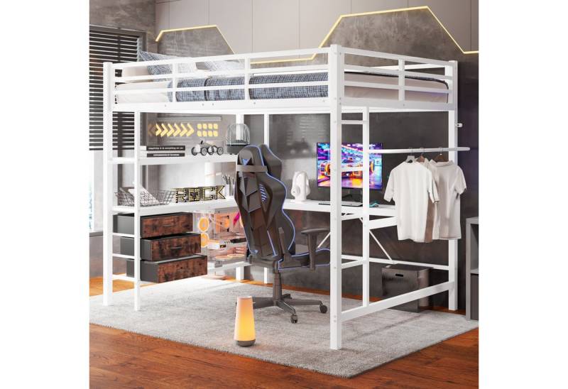 REDOM Hochbett Funktionsbett,Einzelbett,Jugendbett,Kinderbett (Hochbett 140x200 cm mit Ambientelicht, Schreibtisch, USB-Steckdose, 3 Schubladen & Regale, Geländer und Treppe, ideal für Jugendzimmer und kleine Apartments – Ohne Matratze) ohne Matratze von REDOM