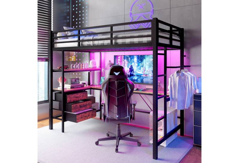 REDOM Hochbett Funktionsbett,Einzelbett,Jugendbett,Kinderbett (Hochbett 90x200 cm mit Ambientelicht, Schreibtisch, USB-Steckdose, 3 Schubladen & Regale, Geländer und Treppe, ideal für Jugendzimmer und kleine Apartments) ohne Matratze von REDOM