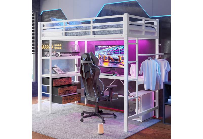 REDOM Hochbett Funktionsbett,Einzelbett,Jugendbett,Kinderbett (Hochbett 90x200 cm mit Ambientelicht, Schreibtisch, USB-Steckdose, 3 Schubladen & Regale, Geländer und Treppe, ideal für Jugendzimmer und kleine Apartments) ohne Matratze REDOM Hochbett Funktionsbett,Einzelbett,Jugendbett,Kinderbett (Hochbett 90x200 cm mit Ambientelicht, Schreibtisch, USB-Steckdose, 3 Schubladen & Regale, Geländer und Treppe, ideal für Jugendzimmer und kleine Apartments) ohne Matratze von REDOM