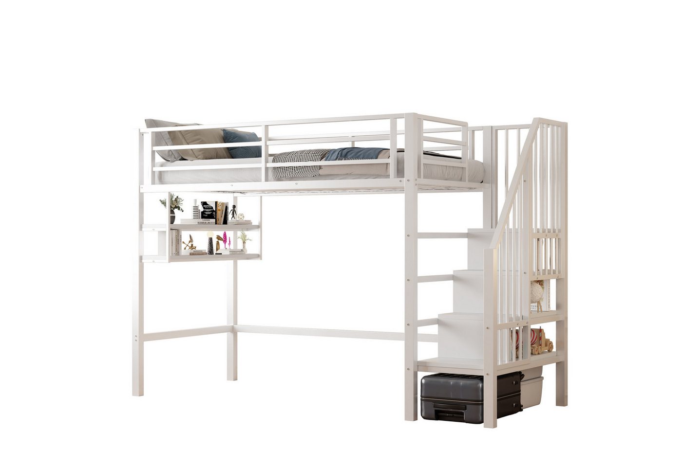 REDOM Hochbett Funktionsbett,Einzelbett,Jugendbett,Kinderbett (Hochbett 90x200 cm mit Stauraumleiter und Einlegeböden, kinderfreundlichem Geländer, Multifunktional und freiem Raum zum Verkleiden) ohne Matratze von REDOM