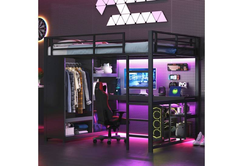 REDOM Hochbett Funktionsbett,Gästebett,Kinderbett (Metall-Gaming-Hochbett mit LED, Schreibtisch, Kleiderschrank und Ablagefächern) von REDOM