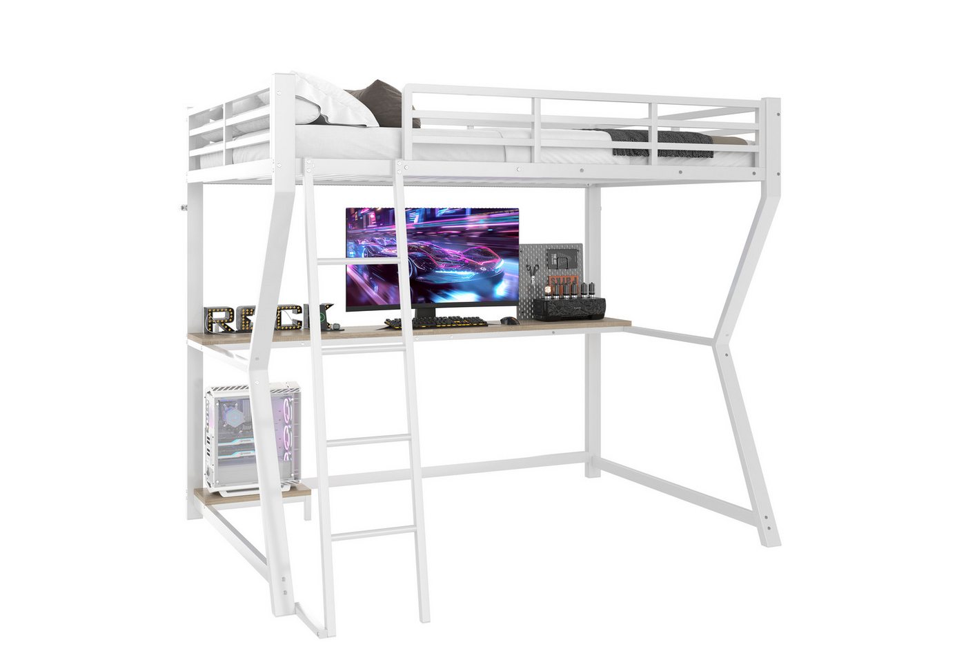 REDOM Hochbett Funktionsbett Kinderbett (Hochbett 90x200 cm mit Fernbedienbarem Ambientelicht, Computerkonsolenablage & Schreibtisch, Steckdosen + USB) ohne Matratze von REDOM