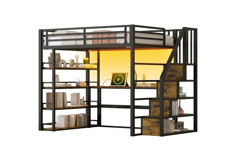REDOM Hochbett Funktionsbett mit Treppe (140x200 Metall-Hochbett, integriertem Schreibtisch & Stauraum, LED-Beleuchtung, USB-Ladestation) von REDOM