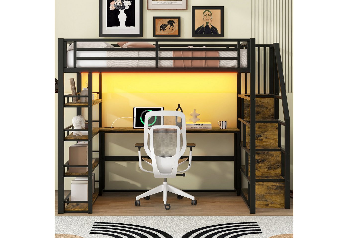 REDOM Hochbett Funktionsbett mit Treppe (Metall-Hochbett, integriertem Schreibtisch & Stauraum, LED-Beleuchtung, USB-Ladestation, 1-St., 140x200) von REDOM