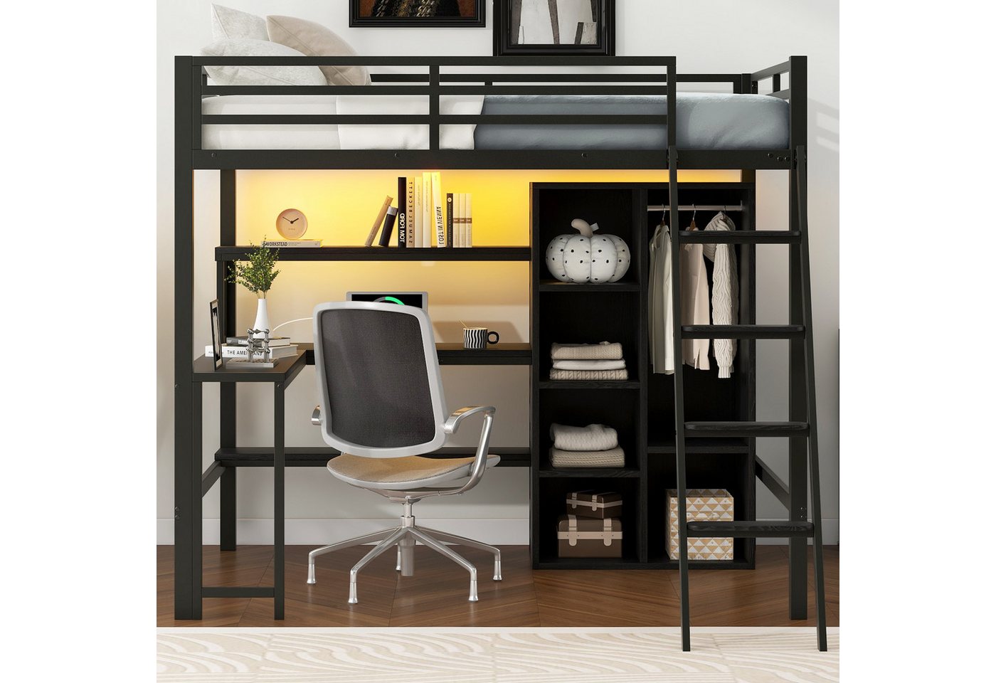 REDOM Hochbett Funktionsbett mit Treppe (Metall-Hochbett mit Schreibtisch, LED-Beleuchtung, USB-Ladestation und Stauraum, 1-St., 140x200) von REDOM