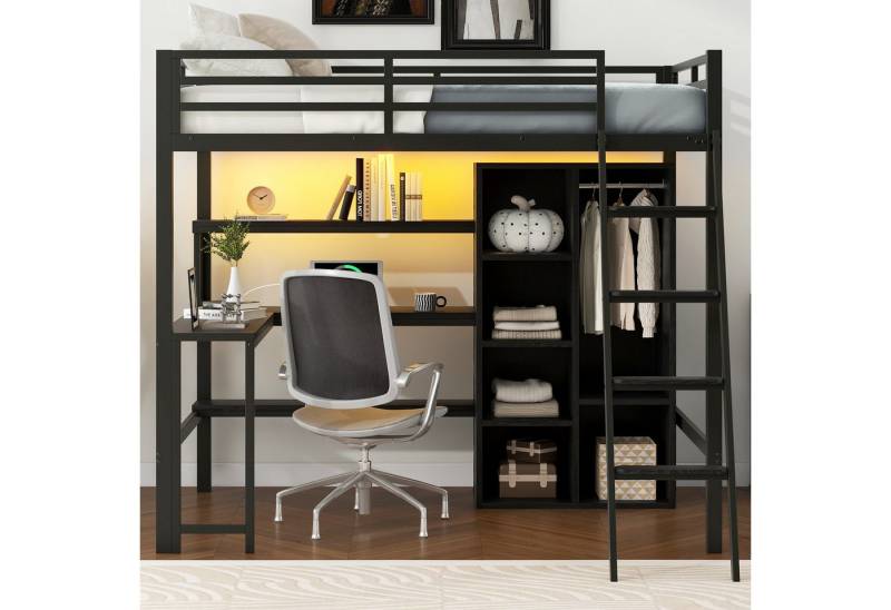 REDOM Hochbett Funktionsbett mit Treppe (Metall-Hochbett mit Schreibtisch, LED-Beleuchtung, USB-Ladestation und Stauraum, 1-St., 140x200) von REDOM
