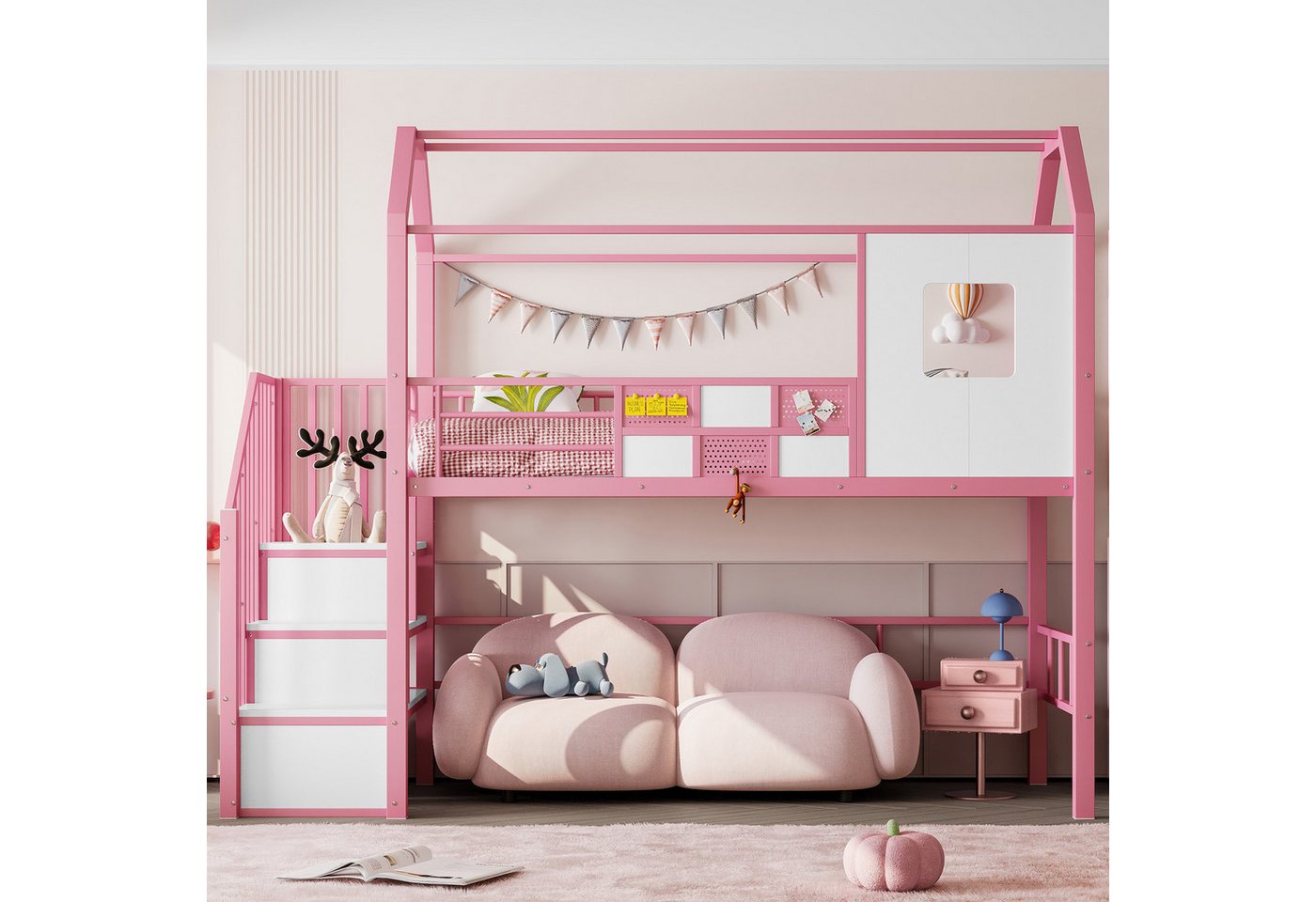 REDOM Hochbett Funktionsbett mit Treppe (mit Dachkonstruktion, Stauraumtreppe & Schutzgeländer, 1-St., 90x200) mit Dachkonstruktion und Stauraumtreppe von REDOM