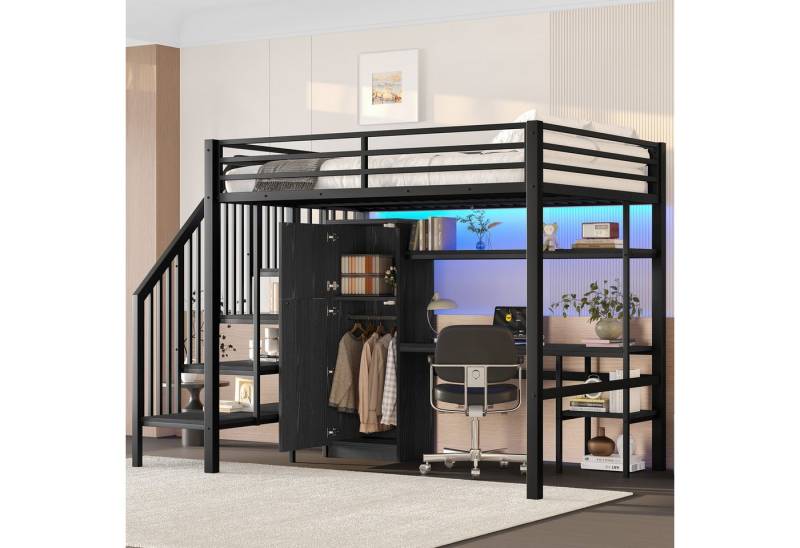 REDOM Hochbett Funktionsbett mit Treppe (mit Schreibtisch, Regal & LED-Beleuchtung – Kleiderschrank & Stauraumtreppe für effiziente Raumnutzung, 1-St., 140x200) von REDOM