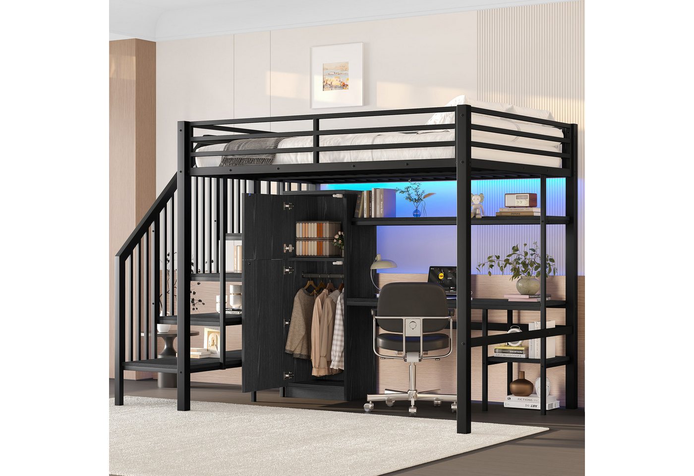 REDOM Hochbett Funktionsbett mit Treppe (mit Schreibtisch, Regal & LED-Beleuchtung – Kleiderschrank & Stauraumtreppe für effiziente Raumnutzung, 2-St., 140x200) von REDOM