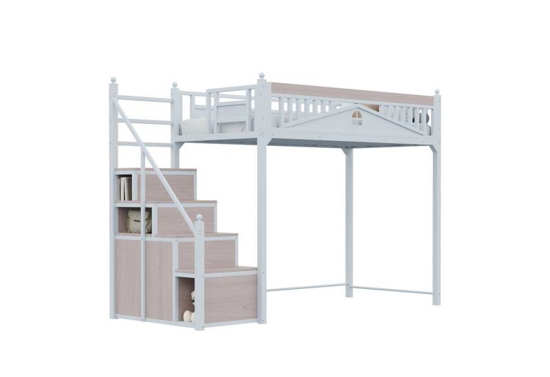 REDOM Hochbett Jugendbett,Einzelbett (Metall-Hochbett mit Stauraum, Sicherheitszaun & Fensterdesign, Verstellbare Steigleiter für Kinderzimmer, Sicherheitsleiter mit Spind, 90 x 200cm) ohne Matratze von REDOM