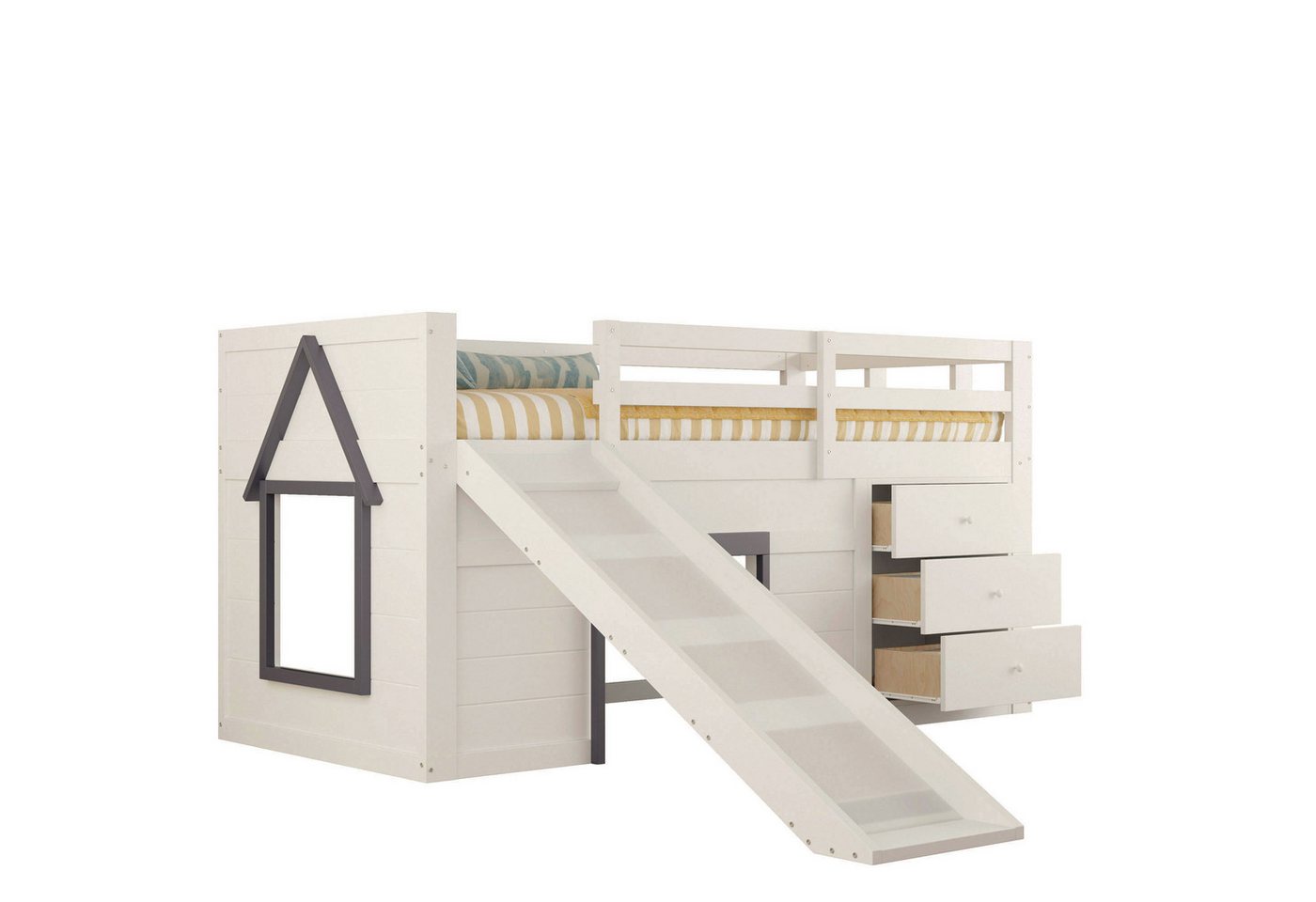 REDOM Hochbett Kinderbett,Funktionsbett,Einzelbett (mit Rutsche, 3 Schubladen & 2 Türen – Robuste Konstruktion aus Massivholz und MDF., 90x200 cm) von REDOM
