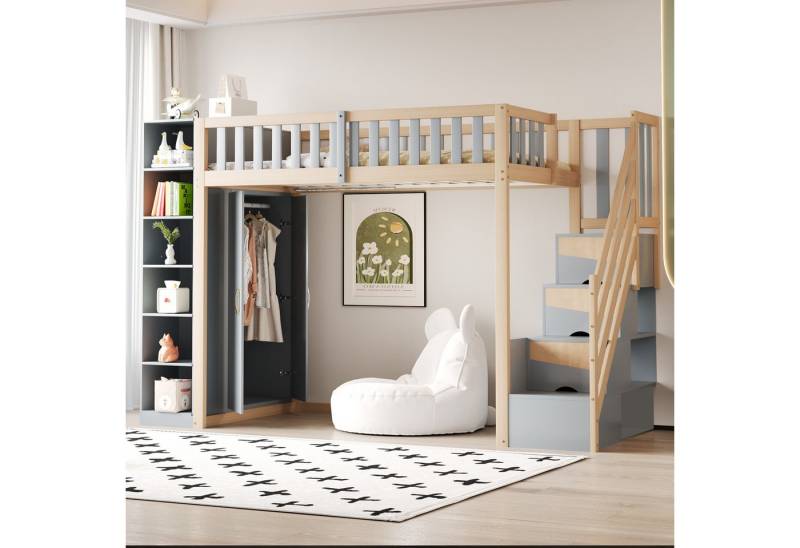 REDOM Hochbett Kinderbett Einzelbett (mit großem Kleiderschrank, Sicherheitsleiter und Stauraum,platzsparend mit Regalen, bis 120 kg, 90x200cm) ohne Matratze von REDOM