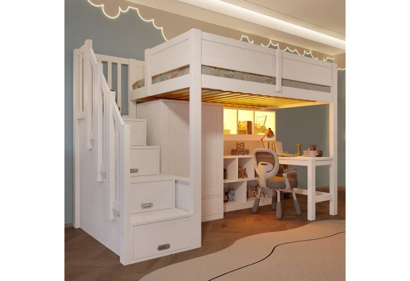 REDOM Hochbett Kinderbett Funktionsbett Einzelbett (mit LED-Beleuchtung, Stauraumtreppe & integriertem Schreibtisch – Multifunktionales Jugendbett mit Regal & Kleiderschrank, 1-St., 90x200cm) mit integrierter Schreibtisch und Regal von REDOM