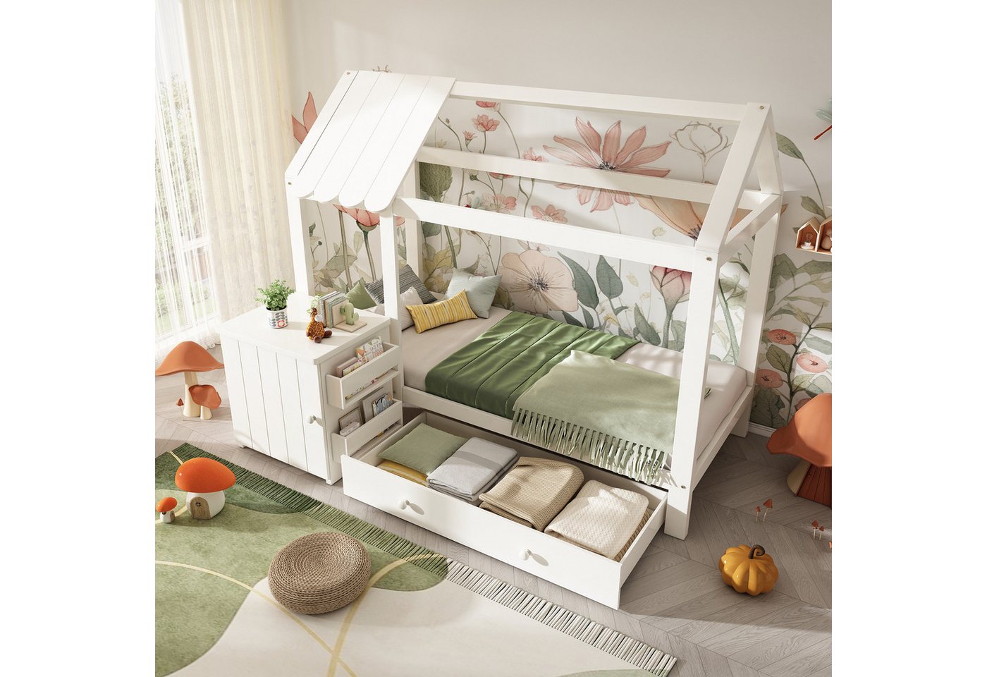 REDOM Hochbett Kinderbett im Blockhüttenstil (Einzelbett, Holzbett, 90x200cm, ohne Matratze) mit Schubladen & abnehmbarem Nachttisch von REDOM
