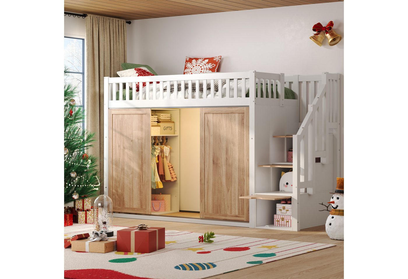 REDOM Hochbett Kinderhochbett Etagenbett mit Schrank (Kinderbett, 1-St., 90 x 200 cm, ohne Matratze) mit integriertem Kleiderschrank und Treppenschrank von REDOM