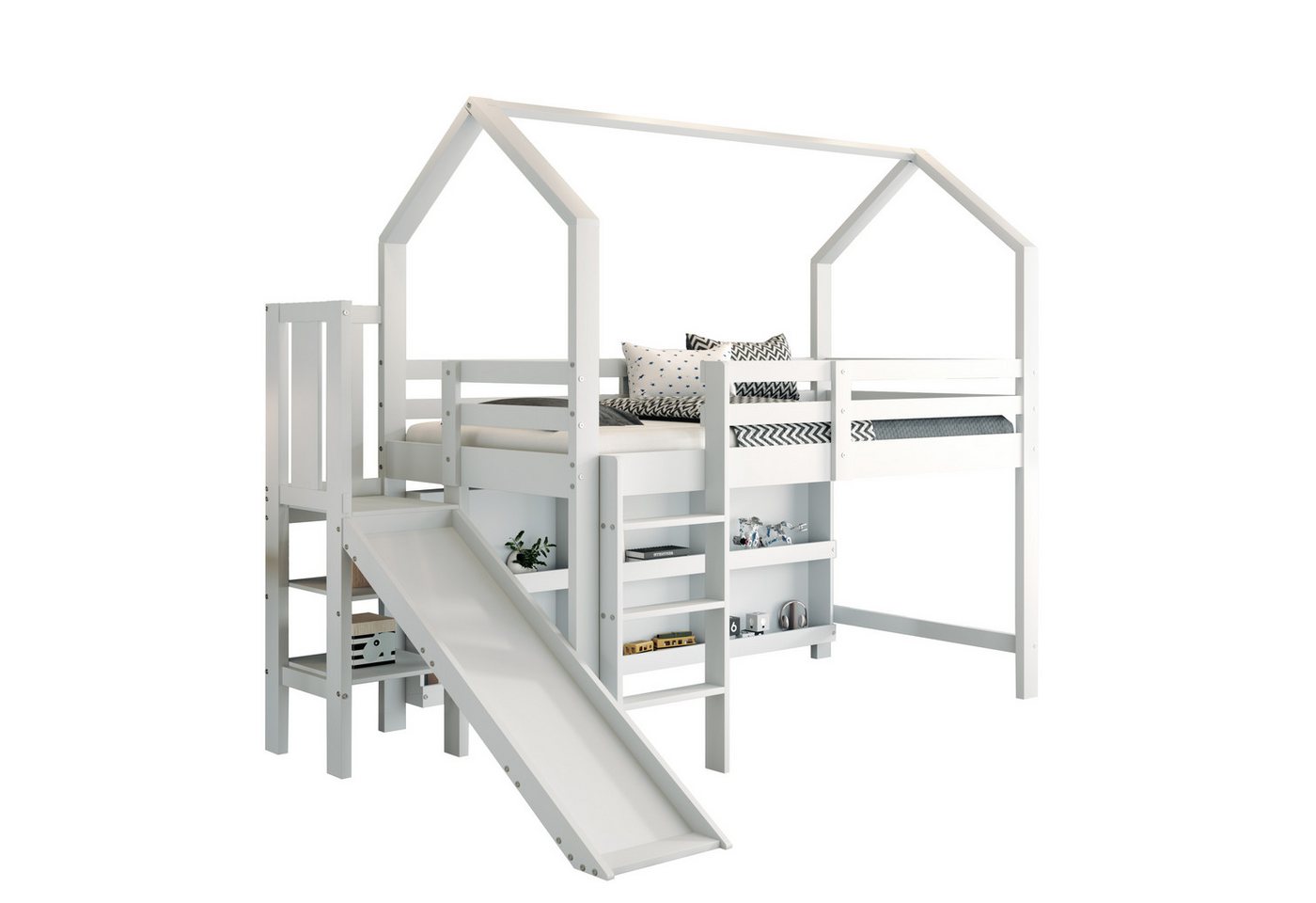 REDOM Hochbett Multifunktionelles Kinderbett (Kinderbett, Einzelbett aus Massivholz+MDF, 1-St., 90*200 cm, ohne Matratze) mit Rutsche,Treppen,Schließfach,Regal von REDOM