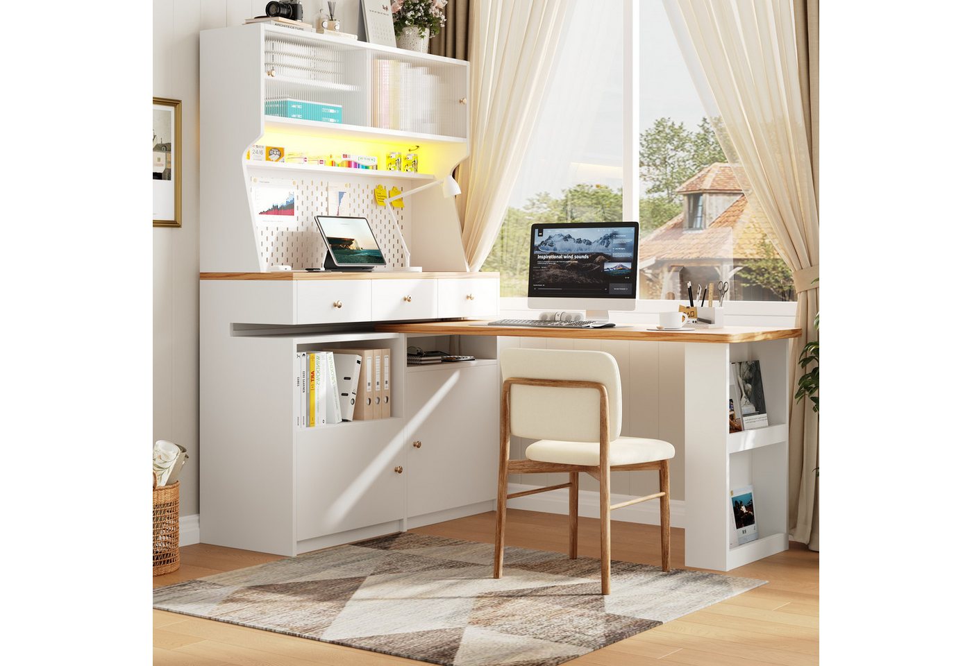 REDOM Hochschrank Hohes Küchenbuffet mit zwei Türen und drei Schubladen (mit multifunktionaler LED-Beleuchtung, 1-St., 137*45*178cm(L x B x H) von REDOM