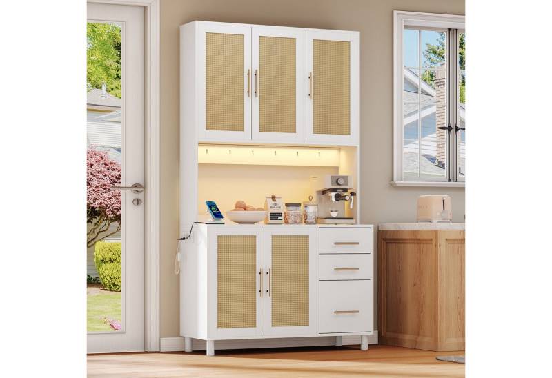 REDOM Hochschrank Küchen-Buffetschrank (mit App-gesteuerten LED-Lichtern, 2 USB-Ports & Steckdosen, 3 Schubladen, verstellbare Einlegeböden, goldene Metallgriffe, 1-St) von REDOM