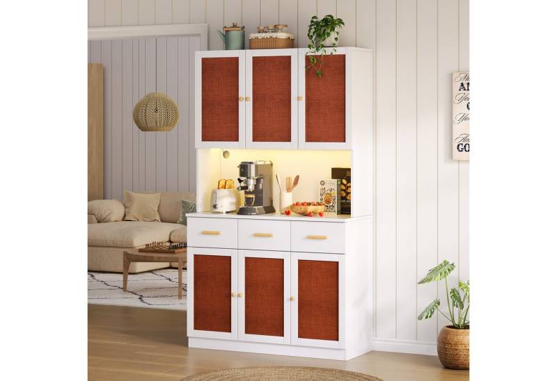 REDOM Hochschrank Küchen-Buffetschrank (mit LED-Beleuchtung & Steckdose, Weiß mit Stofftüren und Massivholzgriffen, 1-St., B105 × T43 × H182 cm) mit LED-Beleuchtung & Steckdose von REDOM