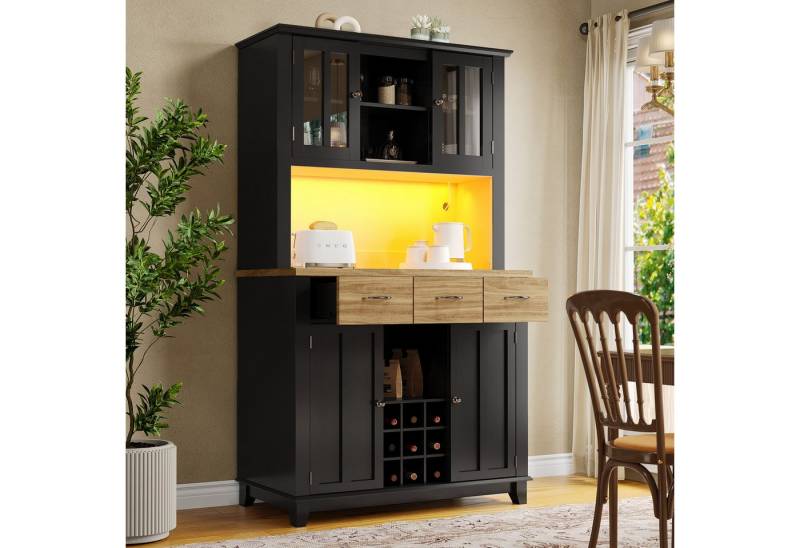 REDOM Hochschrank Moderner Küchenschrank (mit LED-Beleuchtung & verstellbaren Ablagen, Hochschrank Küchenbuffet mit Weinregal & Kippschutz, 1-St., 106x40x179,5 cm) von REDOM