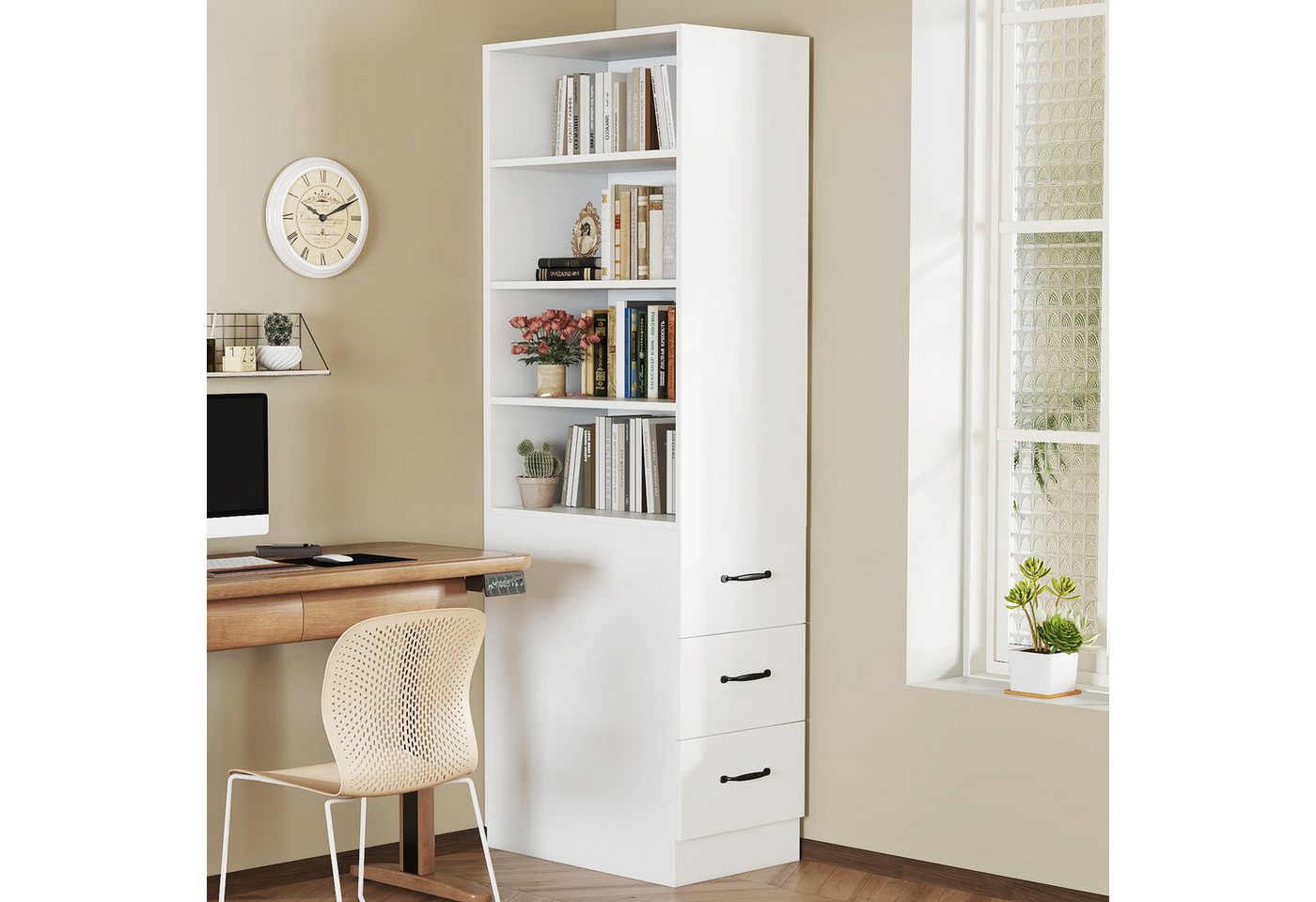 REDOM Hochschrank Regal mit Seitenschubladen (schmales Bücherregal, 1-St., Multifunktionales Möbelstück) mit höhenverstellbaren Fächern von REDOM