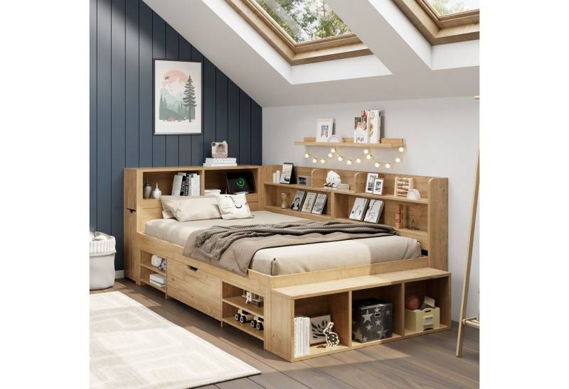 REDOM Holzbett Kinderbett mit Lattenrost, integriertem Stauraum (Stauraumbett, Kinderbett, 1-tlg., 90*200 cm, mit Matratze(H16cm), mit ausziehbarer Nachttisch Schubladen, Regal und Stauschrank von REDOM