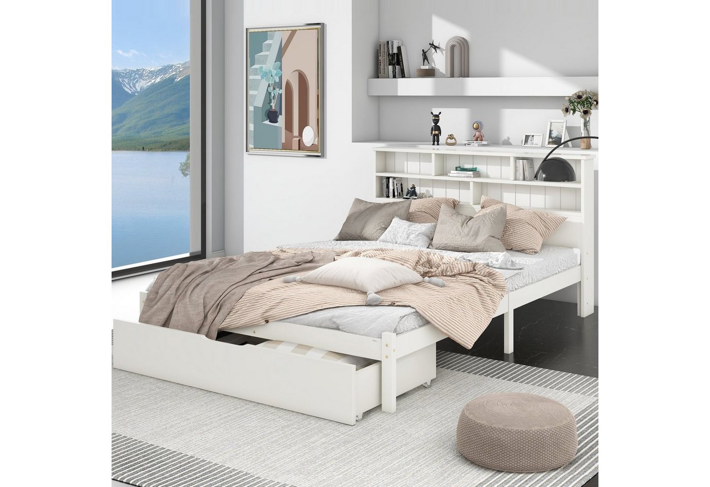 REDOM Holzbett Massivholzbett Kinderbett Jugendbett Massiv Holz Bett Gästebett (Einzelbett oder Doppelbett, mit großer Schublade und Bücherregal Kopfteil), aus Massivholz Kiefer, Weiß, ohne Matratze, 90× 200 cm oder 140× 200 cm von REDOM