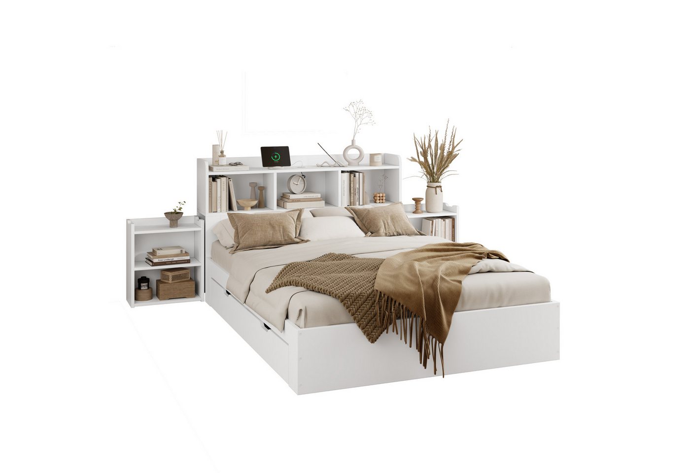 REDOM Holzbett platzsparendes Bett für kleine Wohnungen (Doppelbett mit Handyladefunktion (TYPE C + Wireless Charging), 2-tlg., 140*200 cm, mit Matratze (H25cm), mit 2 ausziehbaren Nachttischen, Schubladen und Ablagefächern von REDOM
