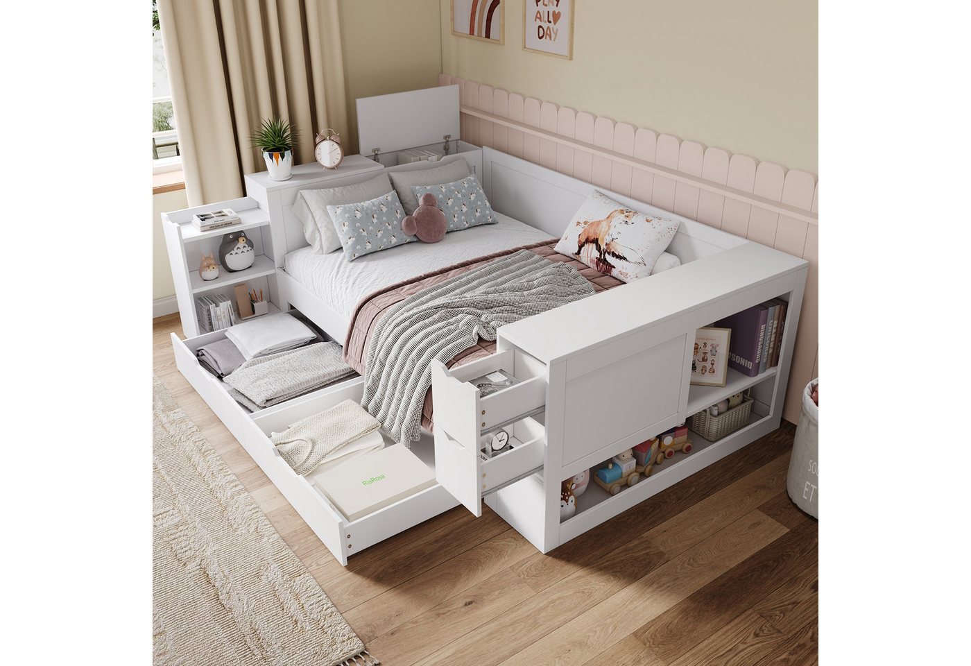 REDOM Holzbett skandinavisches Design (Daybett, Einzelbett, 2-tlg., 90 x 200 cm, mit Matratze (H20cm), mit Schubladen, Regalen und Nachttisch von REDOM